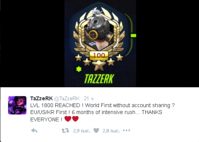 Француз TaZzeRK достиг 1800 уровня в игре Overwatch